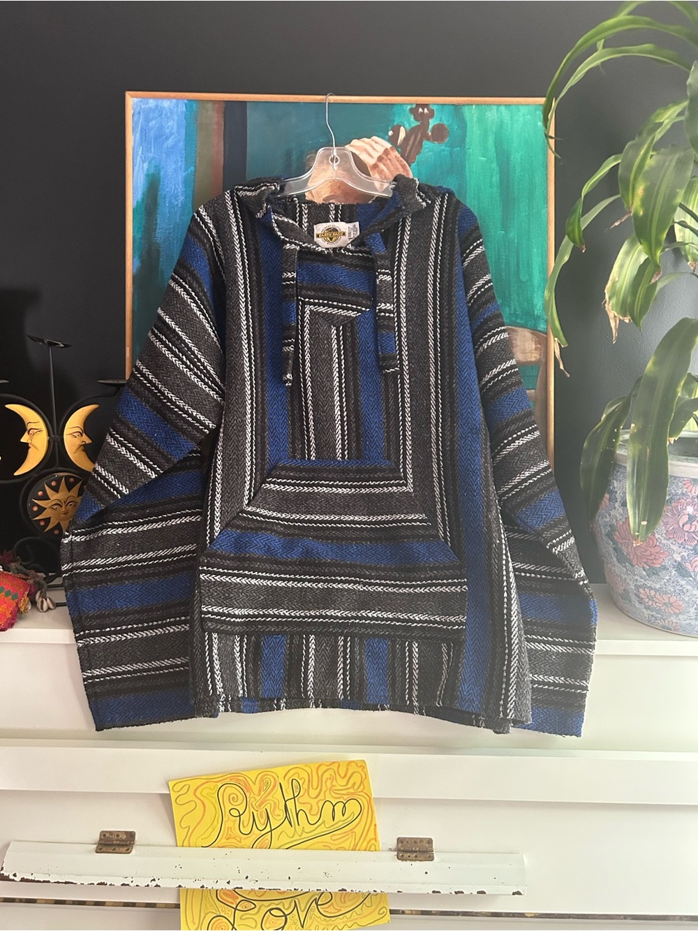 Earth Ragz Baja Hoodie Pullover Blue Black Striped Mexican Blanket XXL Boho